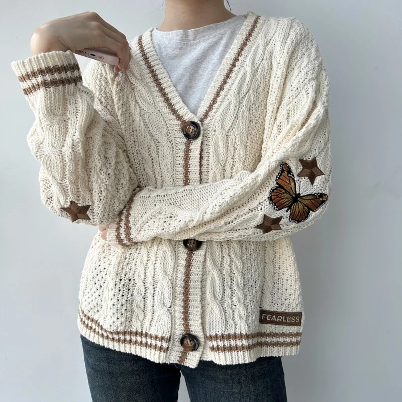 Women's Knitted Cardigan Winter Soft Loose V-neck Knit Cardigan Female Orange Gradient Butterfly Embroidered Y2K Sweater Autumn