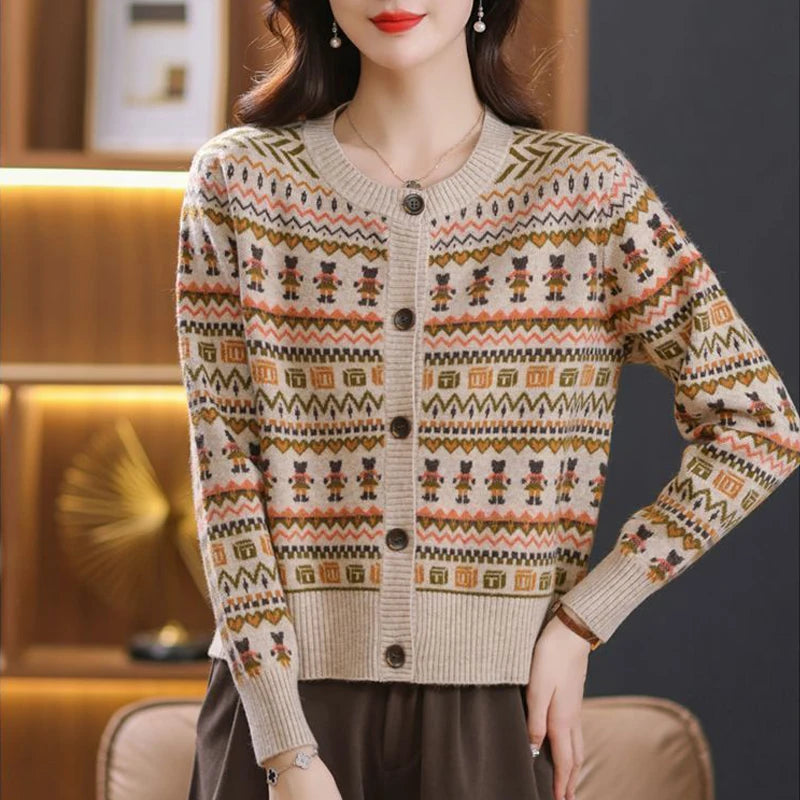 Women Vintage Stylish Jacquard Elegant Single Breasted Cardigan Korean Casual O Neck Long Sleeve Loose Chic Knitted Sweater Coat