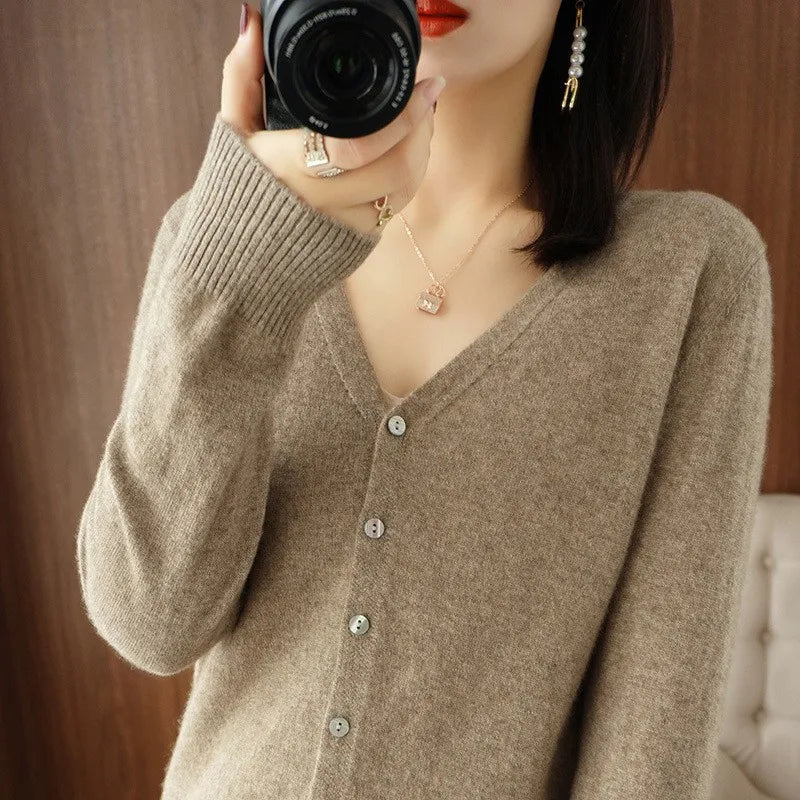 JIAYAN 2025 Spring New Cardigans Women's Clothing Korean Version Tops Solid Color Fashion V-neck Knitted Sweater