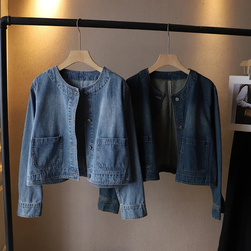 2023 Fashion O-neck Denim Jacket Women Short Coat Spring Autumn Single-breasted Pocket Loose Tops Female Casual Jean Outerwear