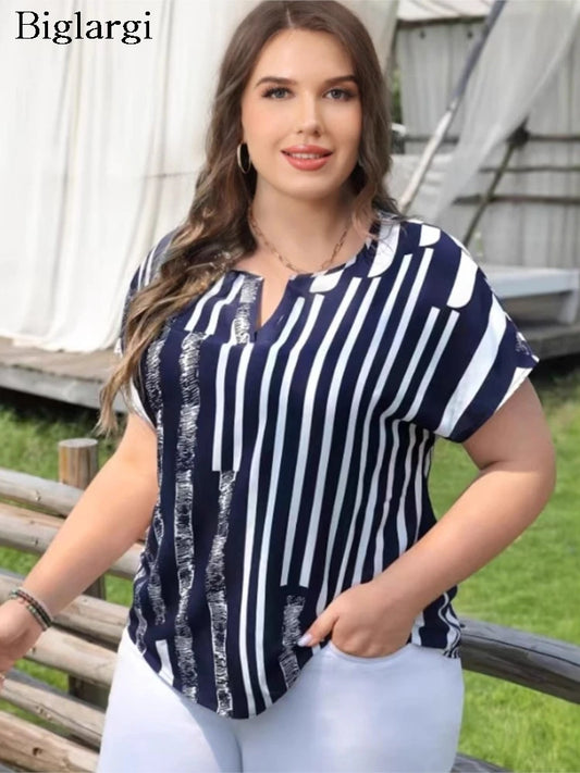 Plus Size Summer Striped Print V-Neck Pullover Tops Women Casual Loose Pleated Ladies Blouses Fashion Woman Short Sleeve Tops