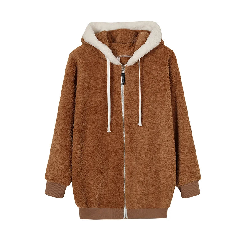 New Style Autumn And Winter Loose Plush Zipper Hooded Jacket Woman