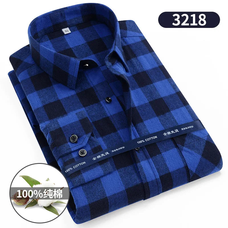 Size 11XL 10XL 9XL Fashion Flannel Plaid Shirts For Men‘s Long Sleeve Cotton Casual Blouse Soft Standard-Fit Shirt Male Clothing