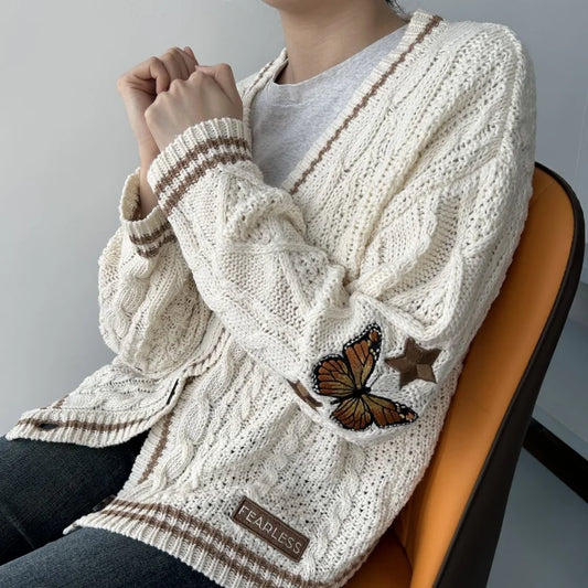 Women's Knitted Cardigan Winter Soft Loose V-neck Knit Cardigan Female Orange Gradient Butterfly Embroidered Y2K Sweater Autumn