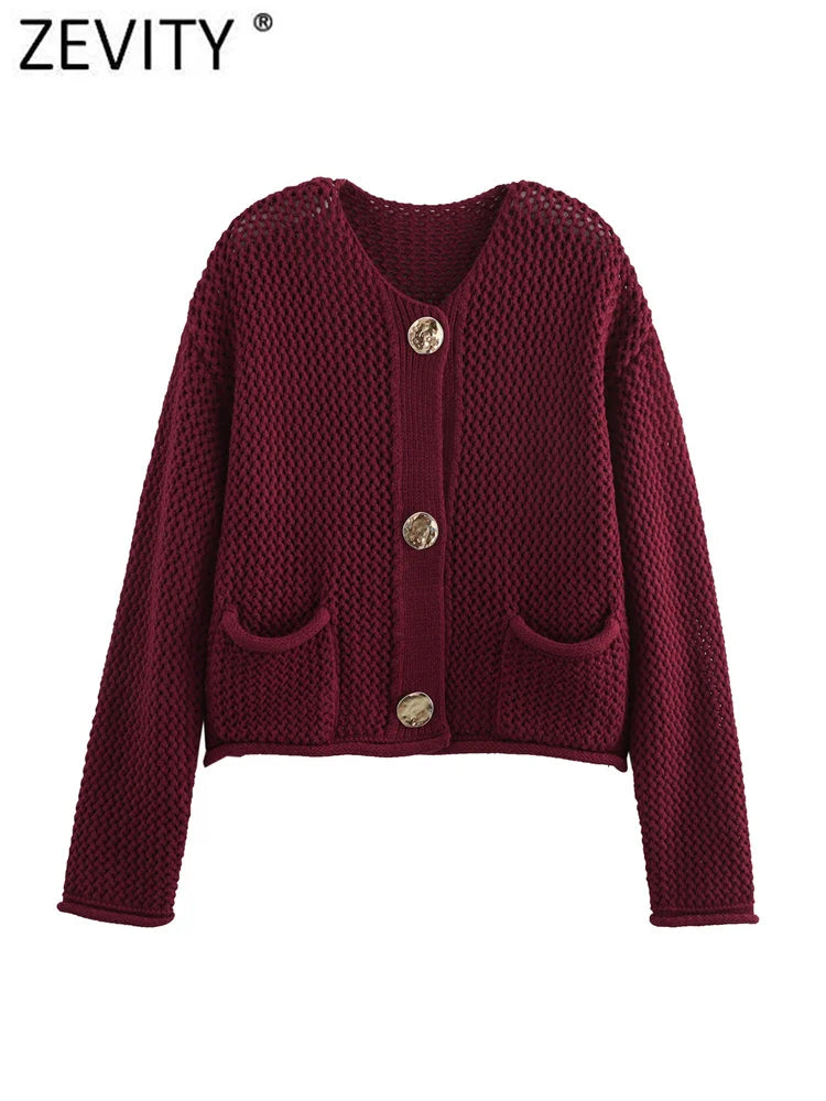 Zevity New Women O Neck Coarse Needle Long Sleeved Knitted Sweater Jacket Female Chic Pockets Design Crop Coats Chic Tops CT6280