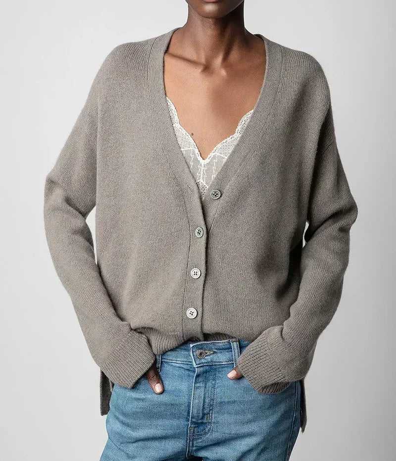 Early Autumn New French Niche ZV Breasted V-neck Cardigan Behind The Big Smiling Face Hot Diamond Women's Cashmere Sweater Woman