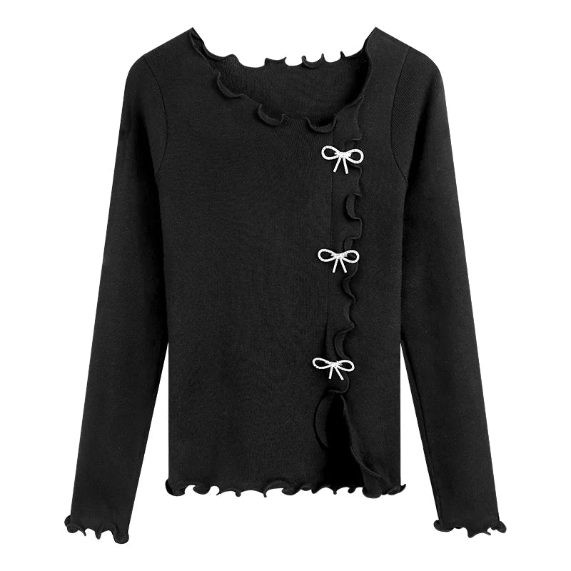 Hot Selling Women's Sweater Black Side Split Fungus Edge Bow Outcoat Knitted Cardigan Pullovers Long Sleeves Women's Clothing