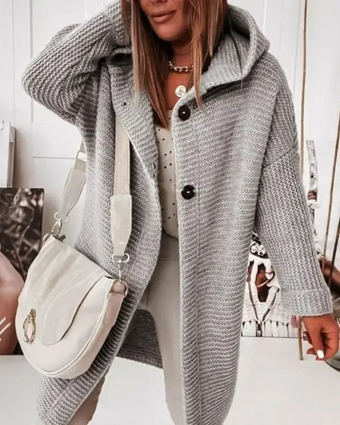 Solid Hooded Long Cardigan for Women Autumn Fashion Casual Loose Button Knitted Sweater Coat Daily Basic Cardigan New Outerwear