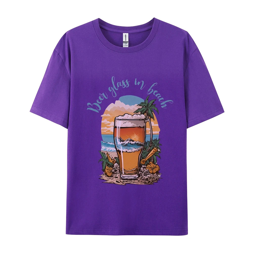 Beer Glass In Beach Women’s Graphic Tee Summer Vacation T-Shirt Beers Lover Shirt Oktoberfest Tshirts Women’s Clothes Top Tees