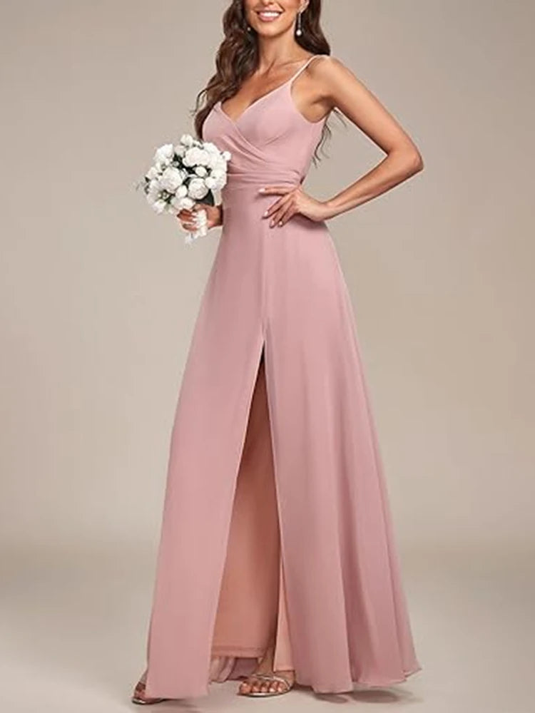 Women's Spaghetti Strap V Neck Chiffon Formal Wedding Bridesmaids Elegant Simple Evening Dress Slit Banquet Guest Maxi Dress