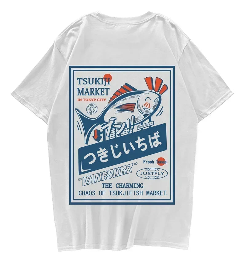 Hip Hop Streetwear Harajuku T-shirt Japanse Kanji Fish Print T-shirt Women Mannen Katoen Casual Korte Mouw T-shirt Japan Stijl