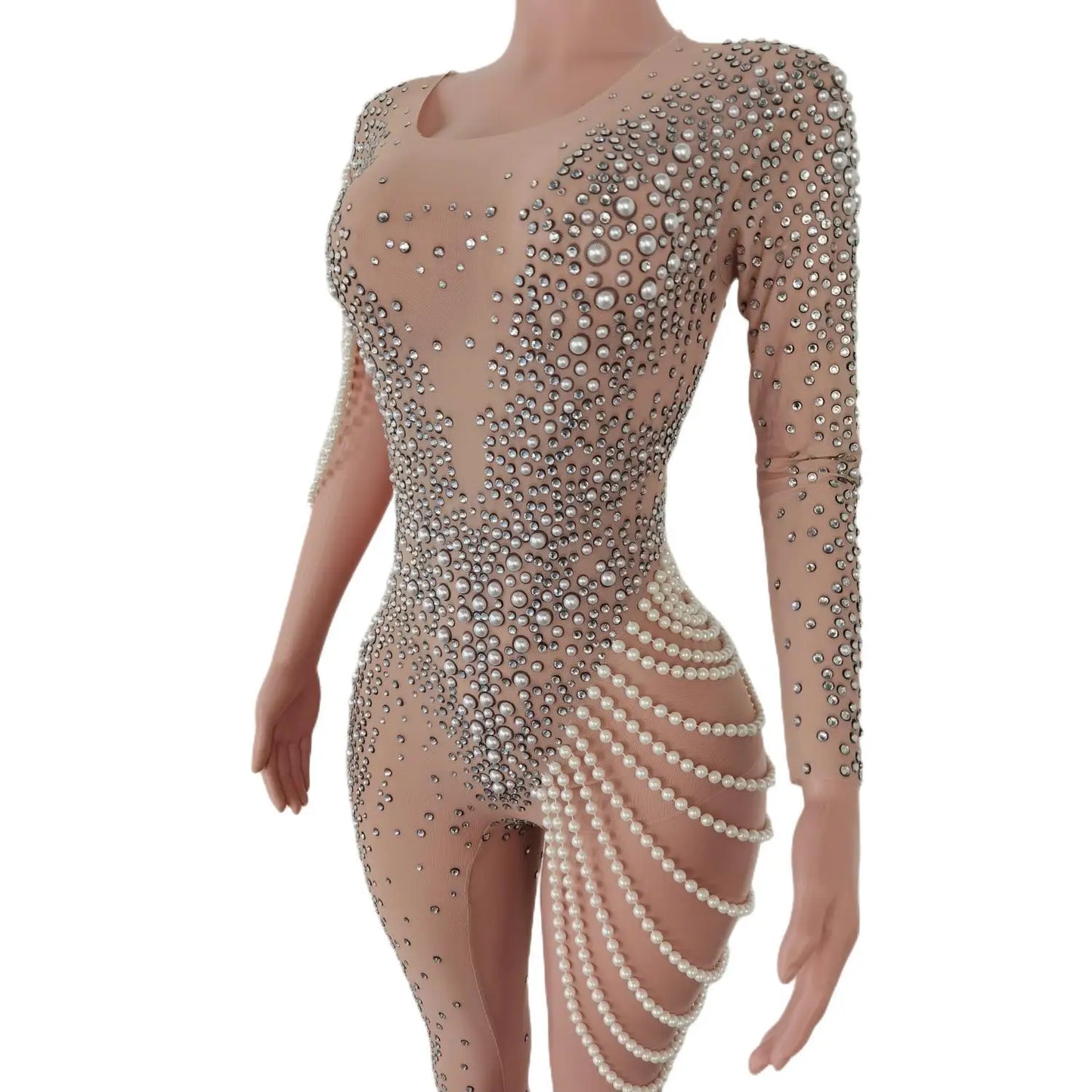 Party Rhinestones Fashion Acrobatics Costumes Pearls Nightclub Pole Dance Clothing Elastics Women Jumpsuit Nude Stretch Jumpsuit