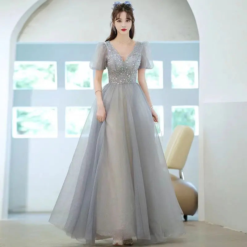 Puff Sleeve Long Prom Evening Dress for Women Mesh Party Formal Host Princess Evening Dresses Woman Elegant Glitter Party Gown