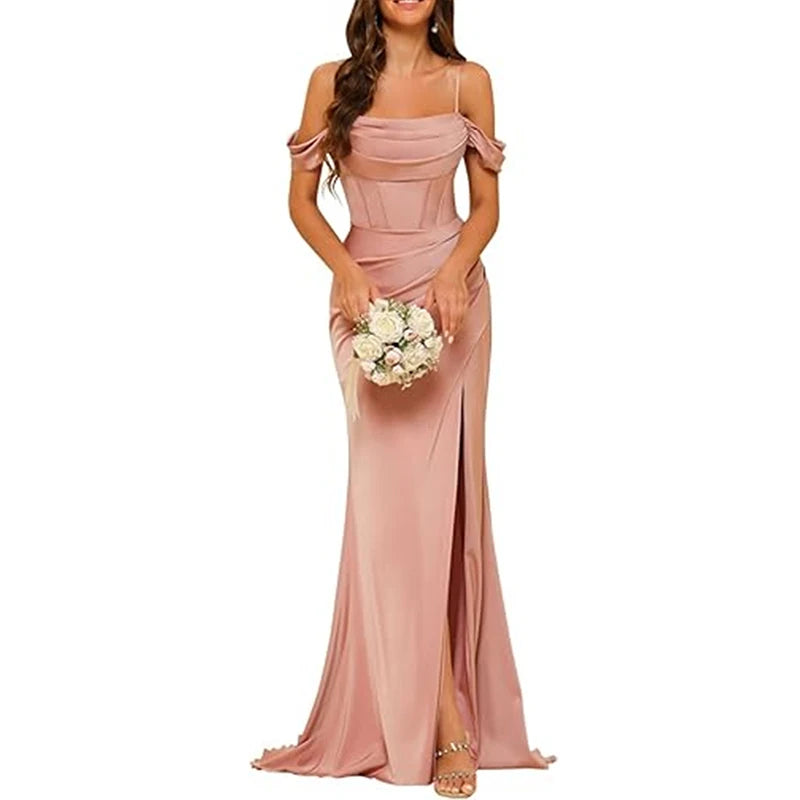 Off-the-shoulder Satin Bridesmaid Dresses Long Fishtail Waist Slit Slim Fit Evening Dress Women Formal Banquet Party Maxi Dress