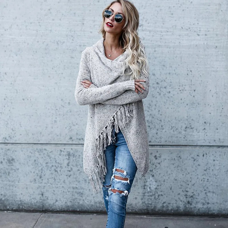 Women's Warm Knitted Sweater, Winter Cardigan Long Sleeve Tassel Fringe Shawl Poncho Oversized Cardigan