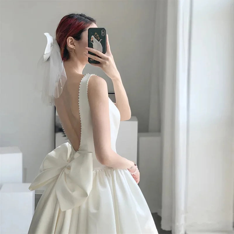 White Satin Wedding Dress Elegant Prom Evening Midi Dresses For Women 2023 Summer Sexy Long Birthday Graduation Party Vestido