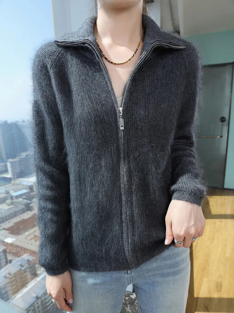 Women’s Zippers Cardigan 100% Mink Cashmere Sweater Thick Raglan Sleeve Knitwear Korean Style Autumn Winter Coat Clothing Tops