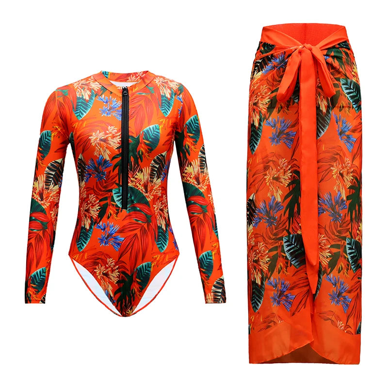 Sexy One Piece Women Long Sleeve Swimwear with Skirt Hollow Out Swimsuit Ruffle Bikinis Luxury Monokini Beach Wear Bathing Suit