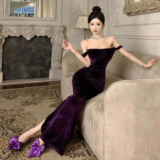 Velvet Sleeveless Long One-piece Dress Gown Purple Women Elegant Party Maxi Dress