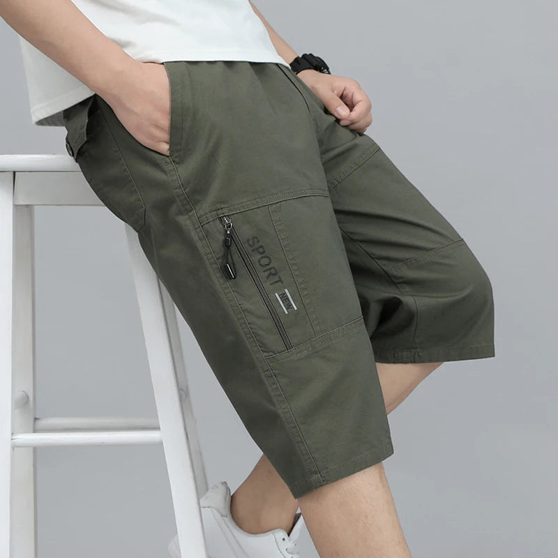 Mens Cotton Cargo Shorts Below Knee Lenth Summer Elastic Waist Sweatpants Hiking Running Bermuda Shorts Gym Below Knee Shorts