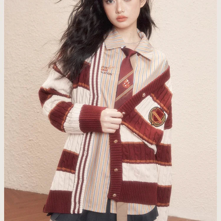 Harry Potter Hogwarts College Sweater Cardigan Coat for Women Gryffindor Slytherin Knitted Cardigan Loose JK Stripe Sweater Coat