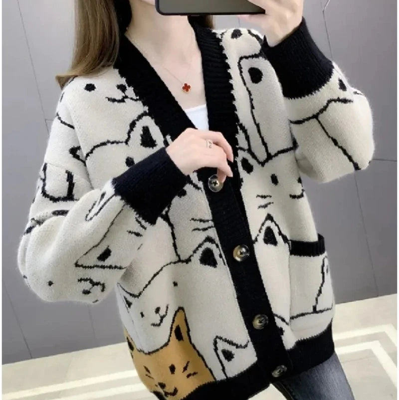 Merry Pretty Cartoon Cat knitted cardigans Jumper Autumn Winter Womens Harajuku Sweater coat O-Neck Long Sleeve cardigan 2024