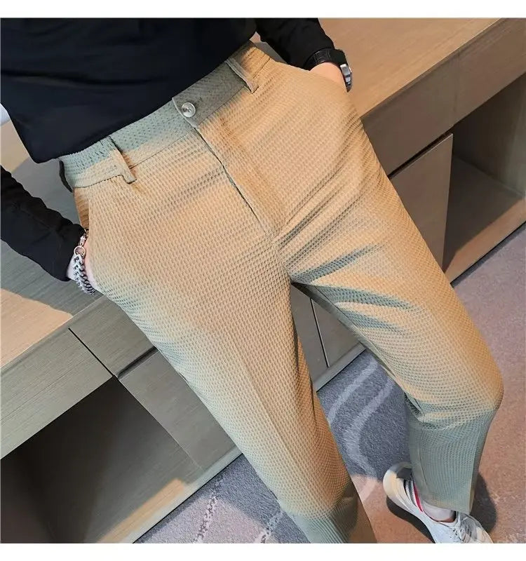 Korean Spring New Pantalones High Waist Waffle Business Casual Suit Pants for Men Clothing Slim Fit Formal Wear Trousers Y2k