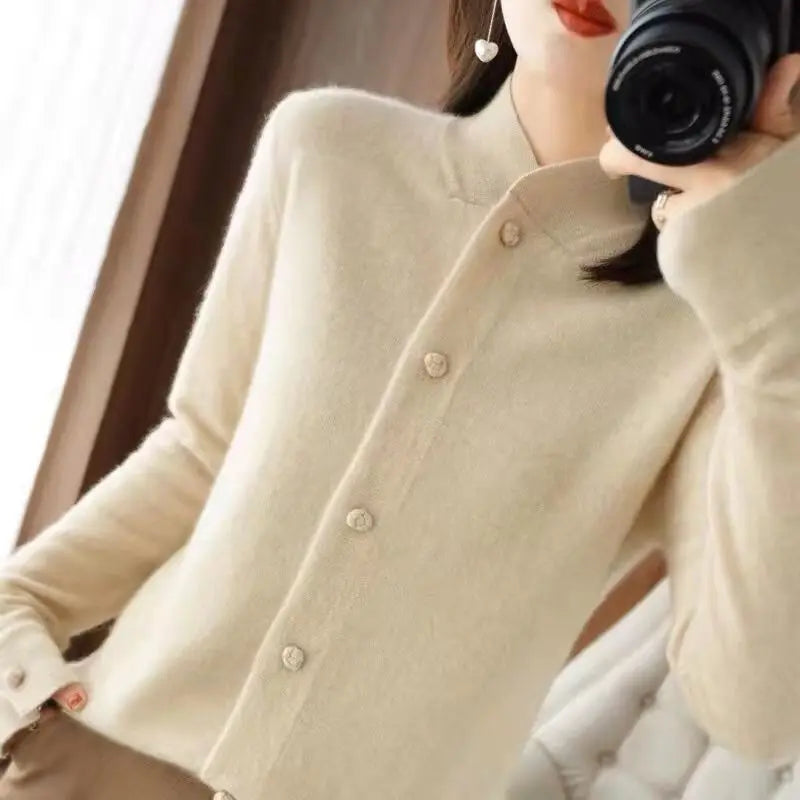 New Retro Chinese Style Stand Up Collar Cardigan Loose Sweater Fashionable Knitted Jacket Trendy Top