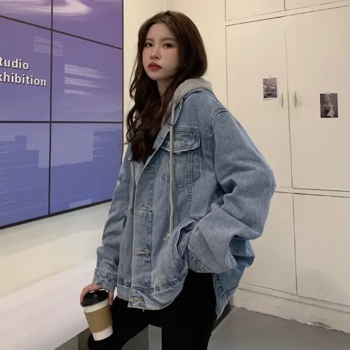 Vintage Denim Hooded Jackets Women Cost Single Breasted Pockets Loose Fit Outerwear Casual 2024 Autumn Overcoat Streetwear