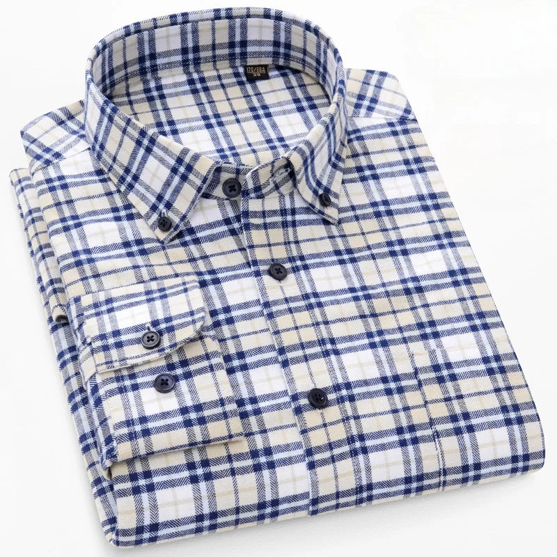 100% Pure Cotton Flannel Men Plaid Shirts Male Business Casual High Quality Pocket Long sleeve Shirt for Men Button Shirt S-5XL