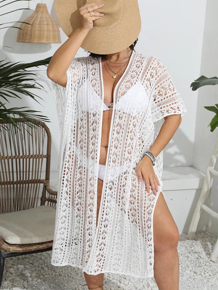 GIBSIE Plus Size White Kimono Bikini Cover Up For Women 2023 Holiday See Through Hollow Out Knitted Split Long Beach Cover-ups