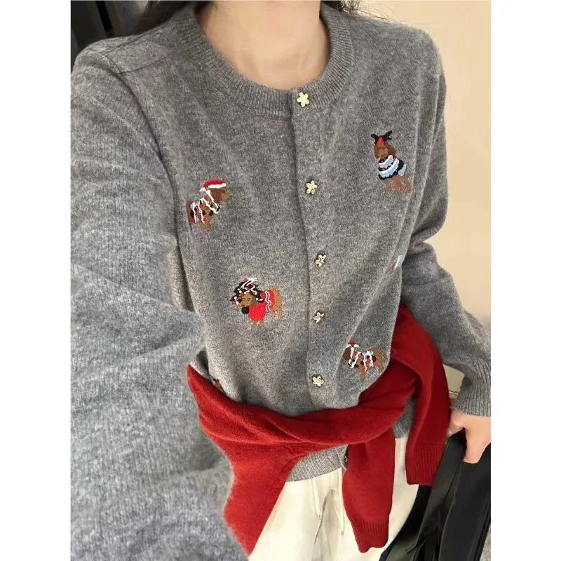 Women's Trendy Sweet Chic Cute Cartoon Embroidery Single Breasted Cardigan Spring Casual O Neck Long Sleeve Knitted Sweater Coat