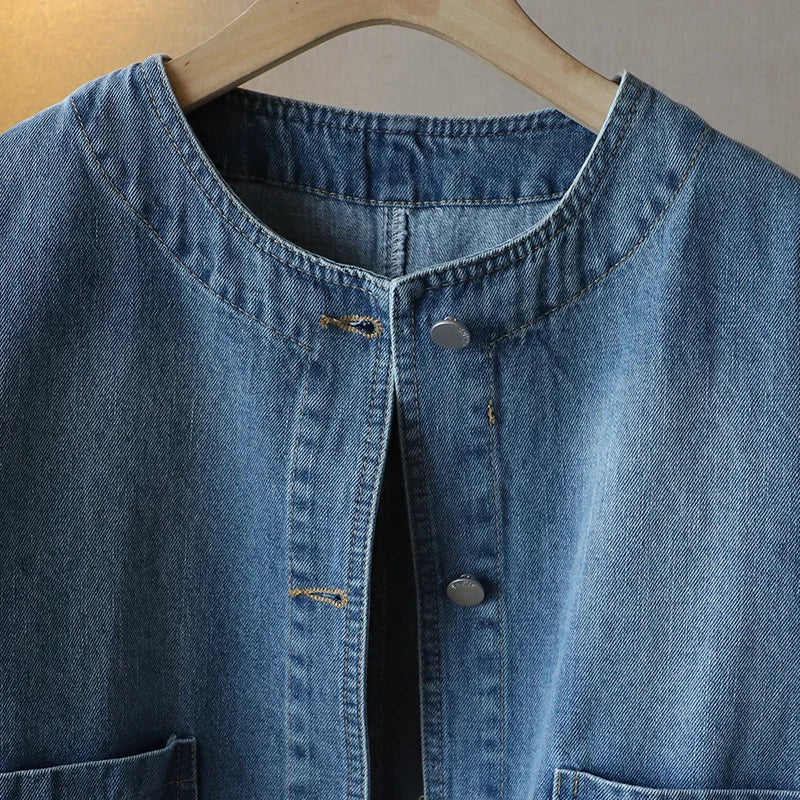 2023 Fashion O-neck Denim Jacket Women Short Coat Spring Autumn Single-breasted Pocket Loose Tops Female Casual Jean Outerwear