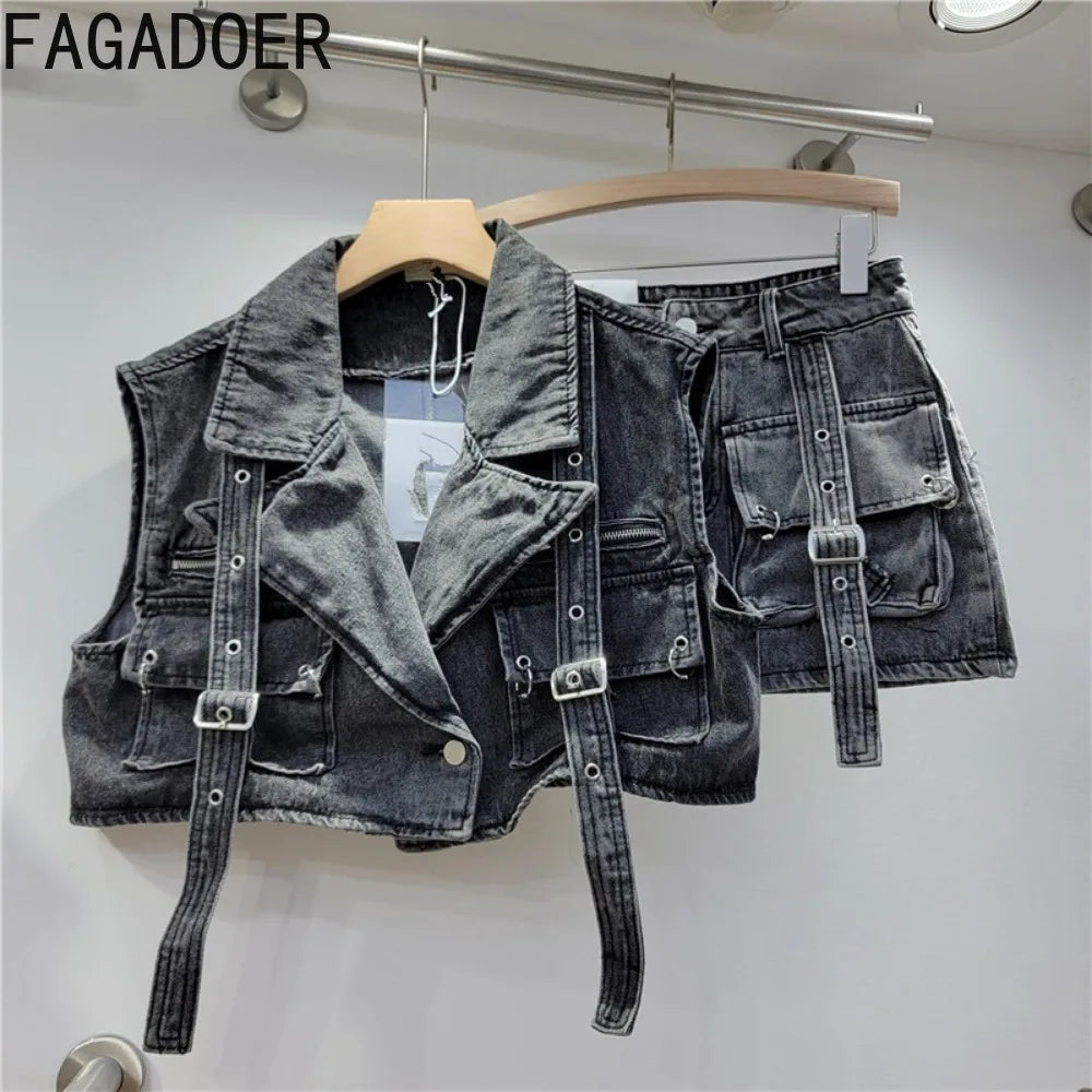 FAGADOER Pink Retro Denim 2 Piece Sets Outfit Women Cargo Big Pockets Jacket + Mini Skirt Matching Set Y2k Clothing Streetwear