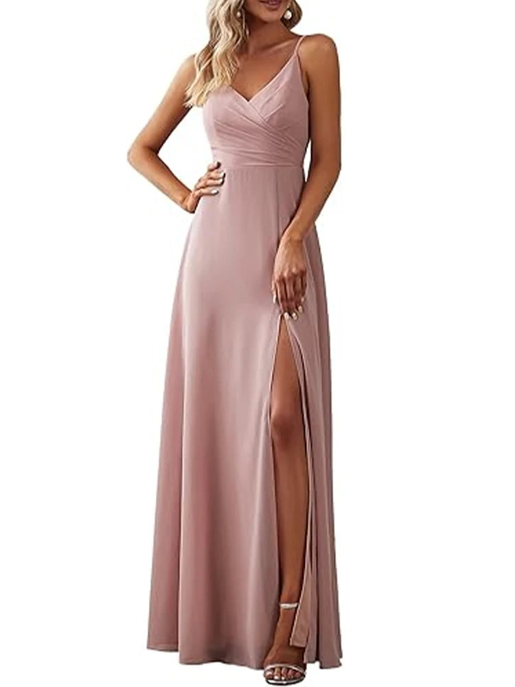 Women's Spaghetti Strap V Neck Chiffon Formal Wedding Bridesmaids Elegant Simple Evening Dress Slit Banquet Guest Maxi Dress