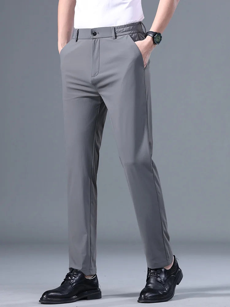 Summer Good Stretch Smooth Trousers Men Business Elastic Waist Korean Classic Thin Black Gray Blue Casual Suit Pants Male Brand