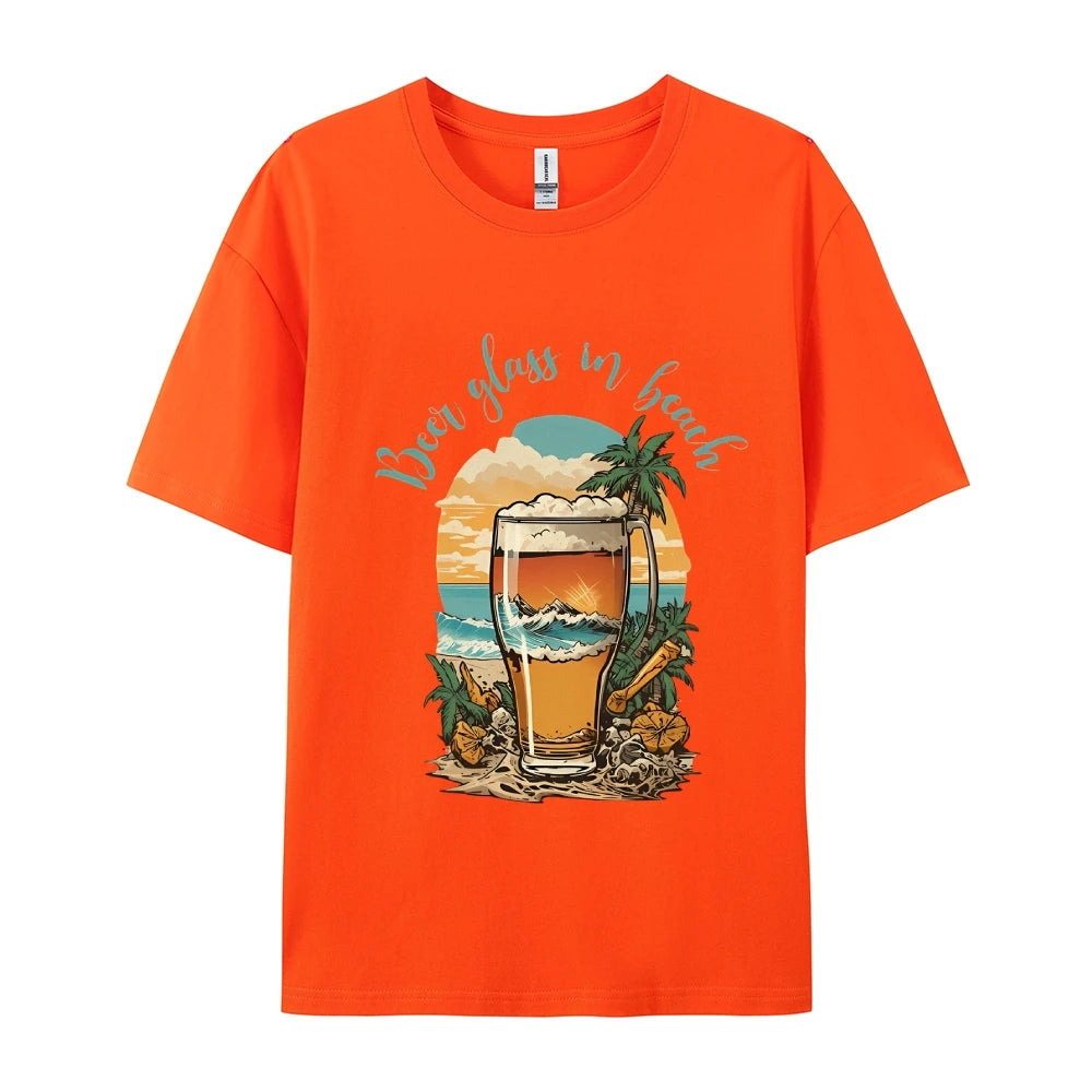 Beer Glass In Beach Women’s Graphic Tee Summer Vacation T-Shirt Beers Lover Shirt Oktoberfest Tshirts Women’s Clothes Top Tees