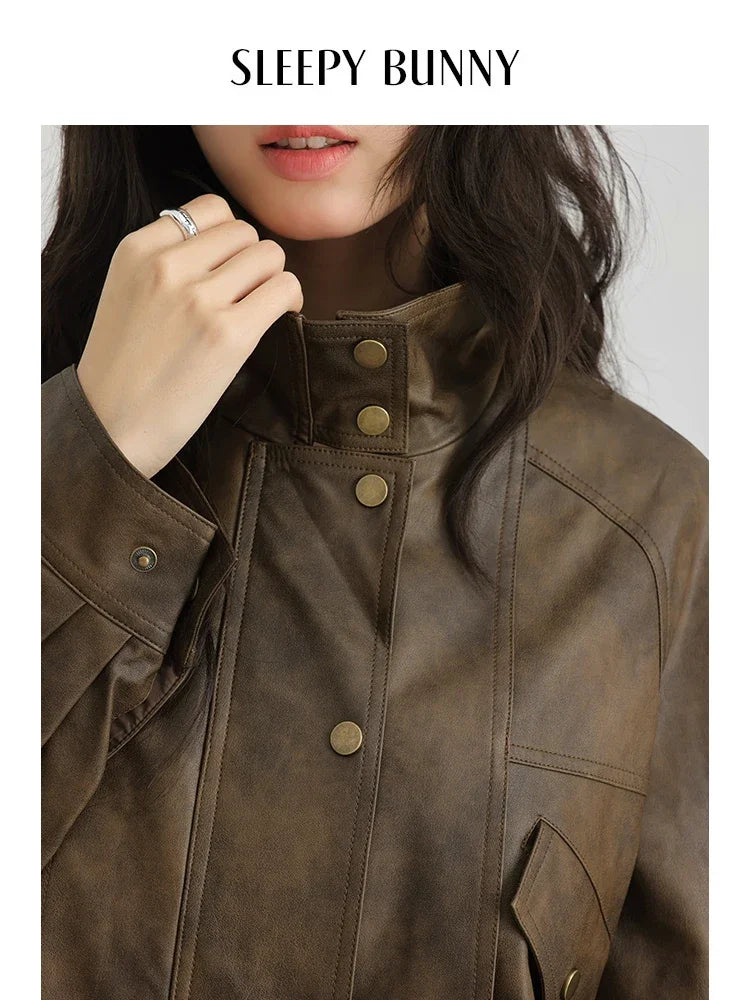 Women Vintage PU Leather Biker Jacket Spring Faded Litchi Grain Lapel Motorcycle Coat Retro Slim Fit Casual Outerwear for Women