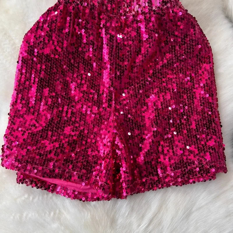 2024 Summer New Color Sequin Shorts Stamped Waist Slimming Fashionable All-Match Flesh Covering Trendy Anti-glare Short Skirt