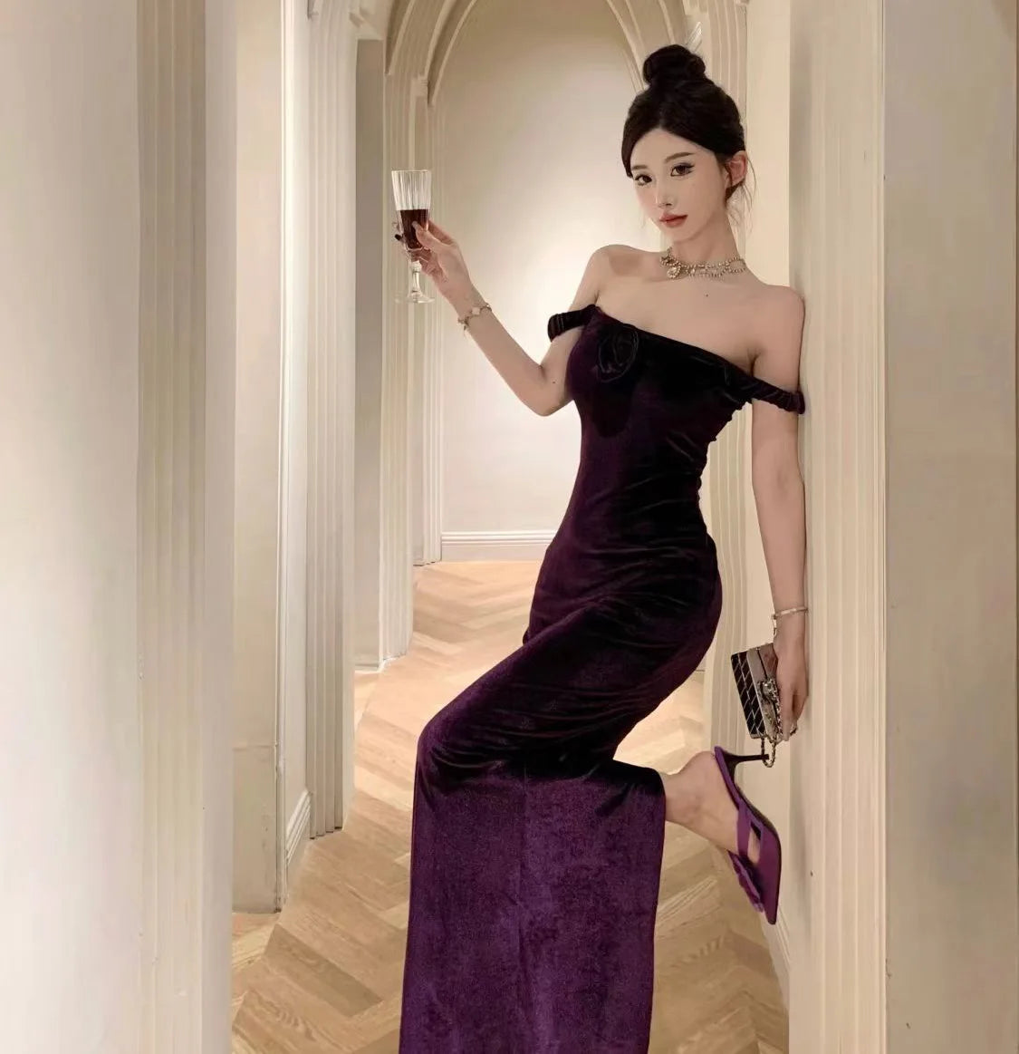 Velvet Sleeveless Long One-piece Dress Gown Purple Women Elegant Party Maxi Dress