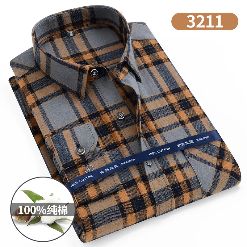 Size 11XL 10XL 9XL Fashion Flannel Plaid Shirts For Men‘s Long Sleeve Cotton Casual Blouse Soft Standard-Fit Shirt Male Clothing