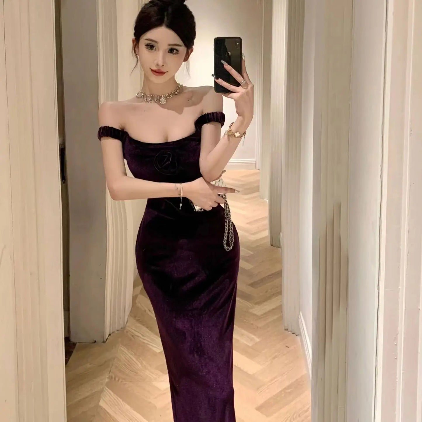 Velvet Sleeveless Long One-piece Dress Gown Purple Women Elegant Party Maxi Dress