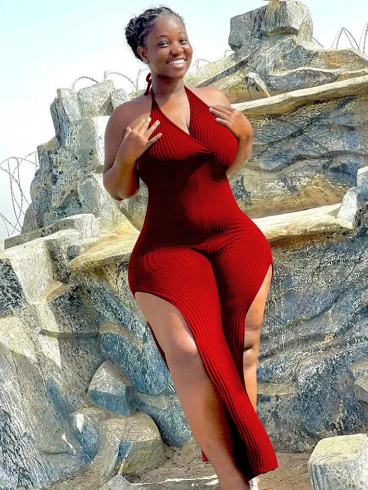 One Piece Ladies Summer Jumpsuit with Slits Sexy Jumpsuit Woman Backless Halter Neck Jumpsuit Plus Size Wholesale Dropshipping