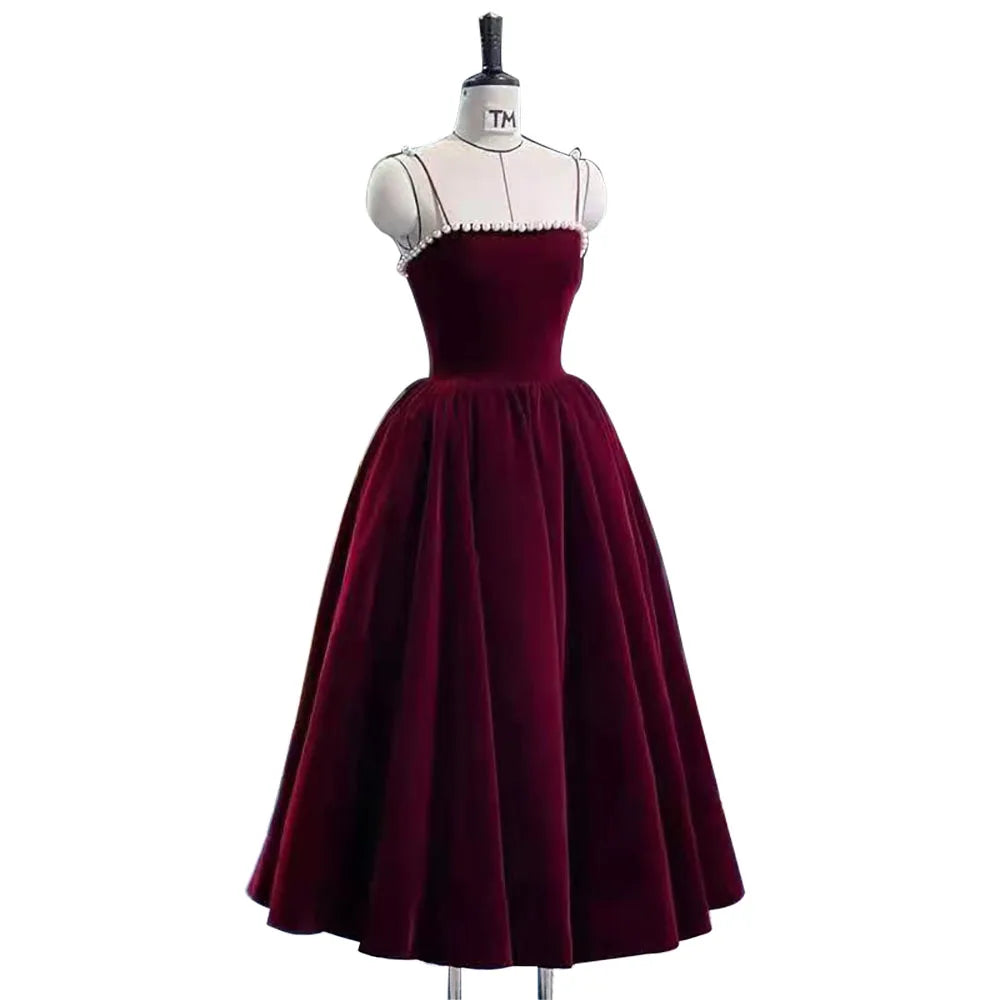 Velvet Spaghetti Strap Burgundy Midi Cocktail Dresses for Women 2024 Elegant Tea Length Prom Midi Dresses