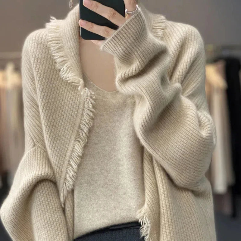 Autumn Winter New Fashion V-neck Long Sleeve Solid Tassels Cardigan Sweaters Women's Clothing Loose All-match Knitting Chic Tops