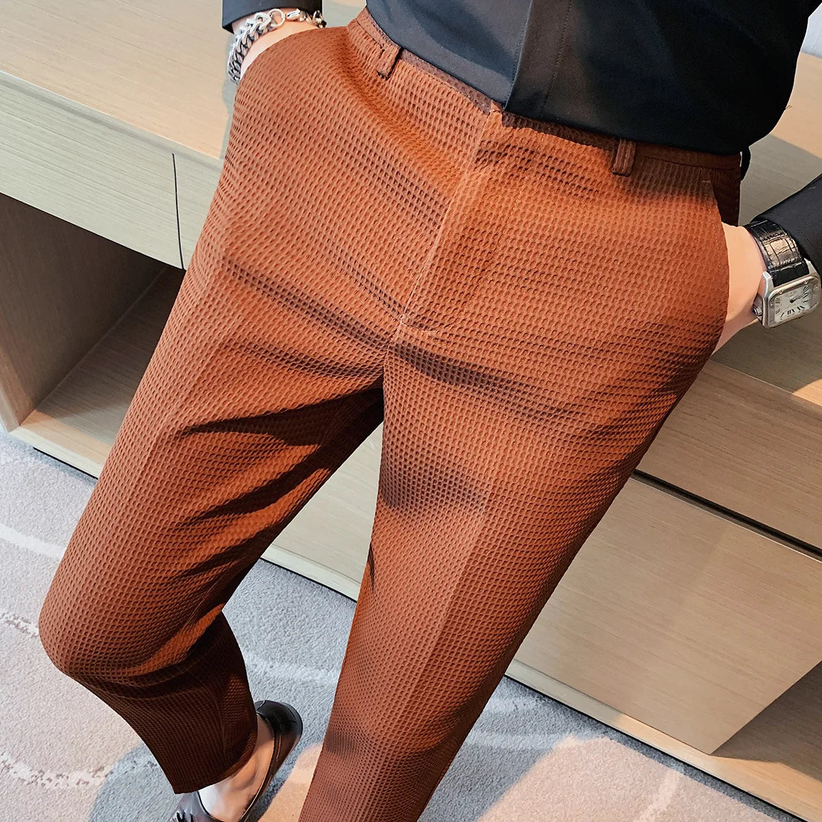 Korean Spring New Pantalones High Waist Waffle Business Casual Suit Pants for Men Clothing Slim Fit Formal Wear Trousers Y2k