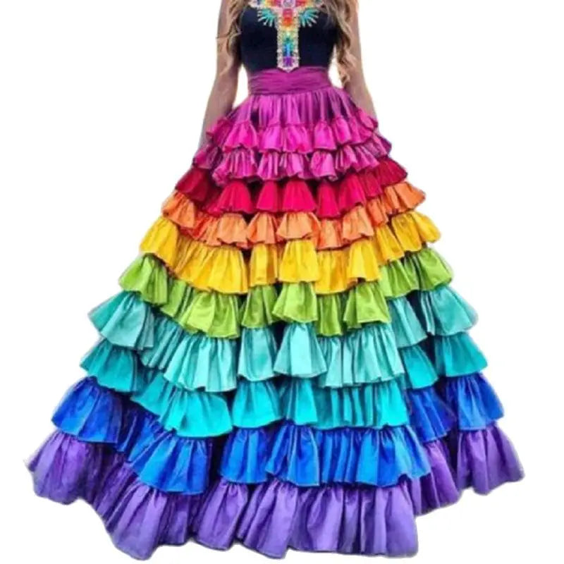 Rainbow Satin Skirt Woman Clothes Long High-waisted Skirts Death Day Costumes Long Skirts Women Clothing Colorful Satin Skirts