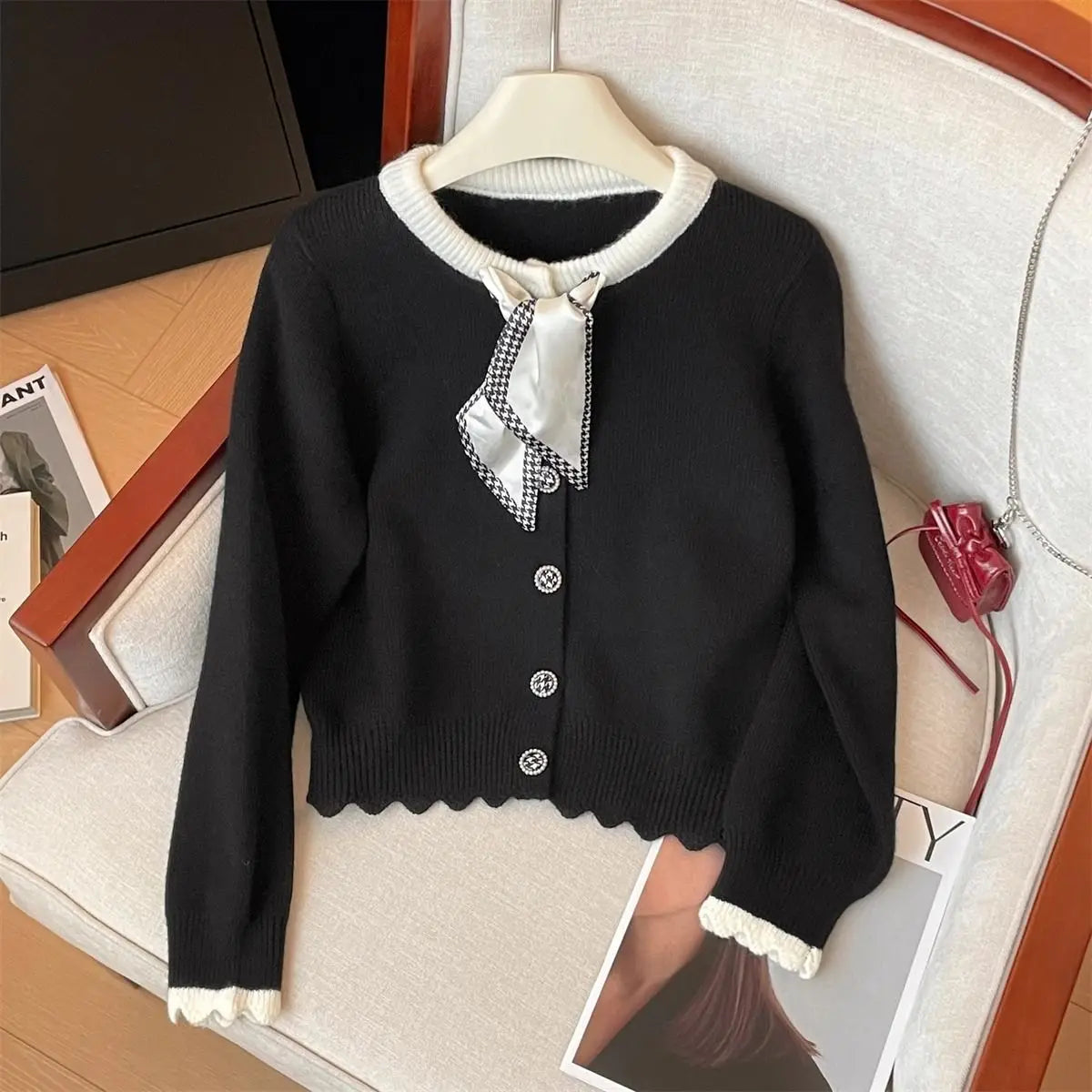 Spring Autumn New Round Neck Long Sleeve Fashion Sweater Women High Street Contrast Color Button Patchwork Bow Ruffles Cardigan