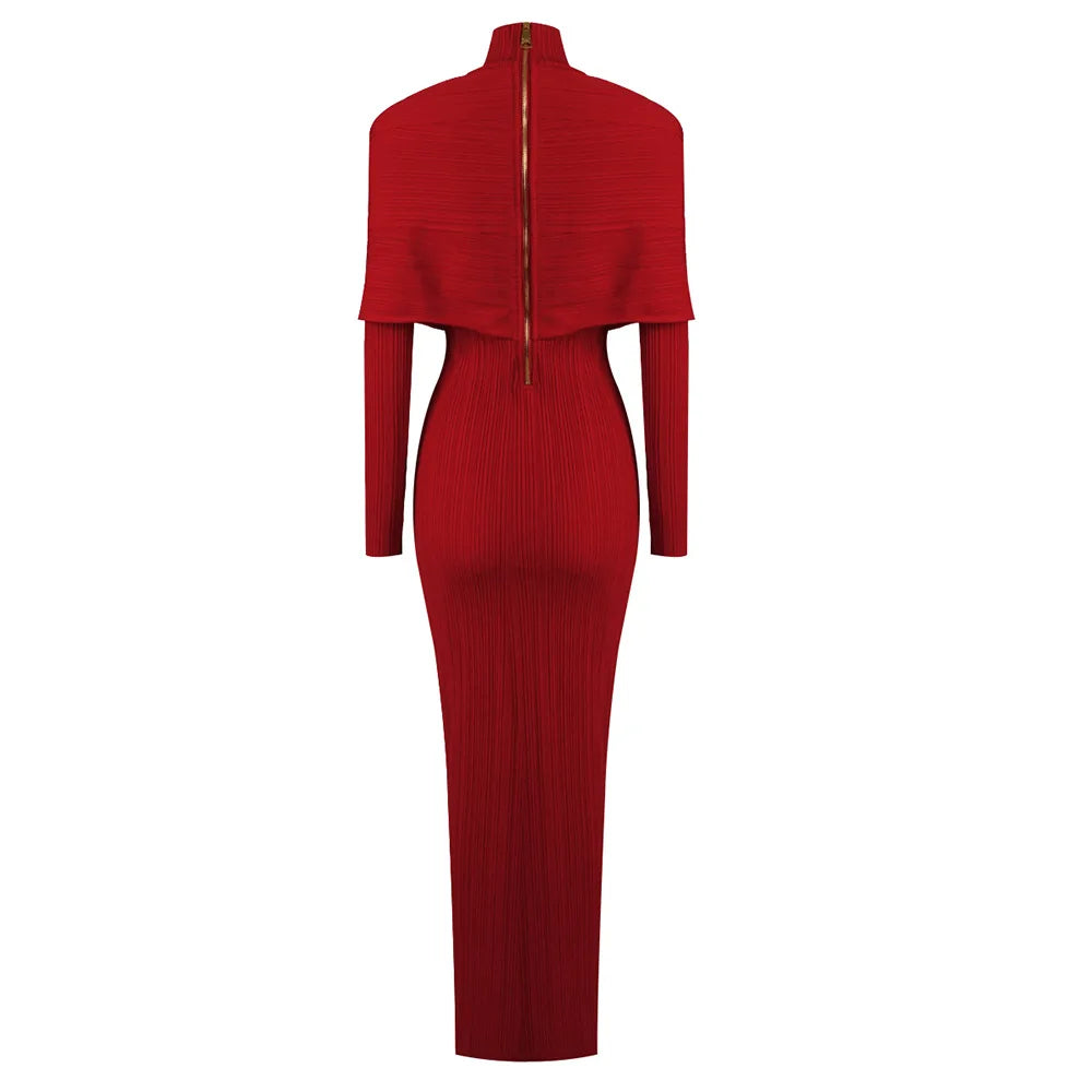 Women's Party Dresses Luxury 2024 Winter New Red Bandage Long Dress Turtle Neck Cross Design Knitted Slim Fit Evening Gown