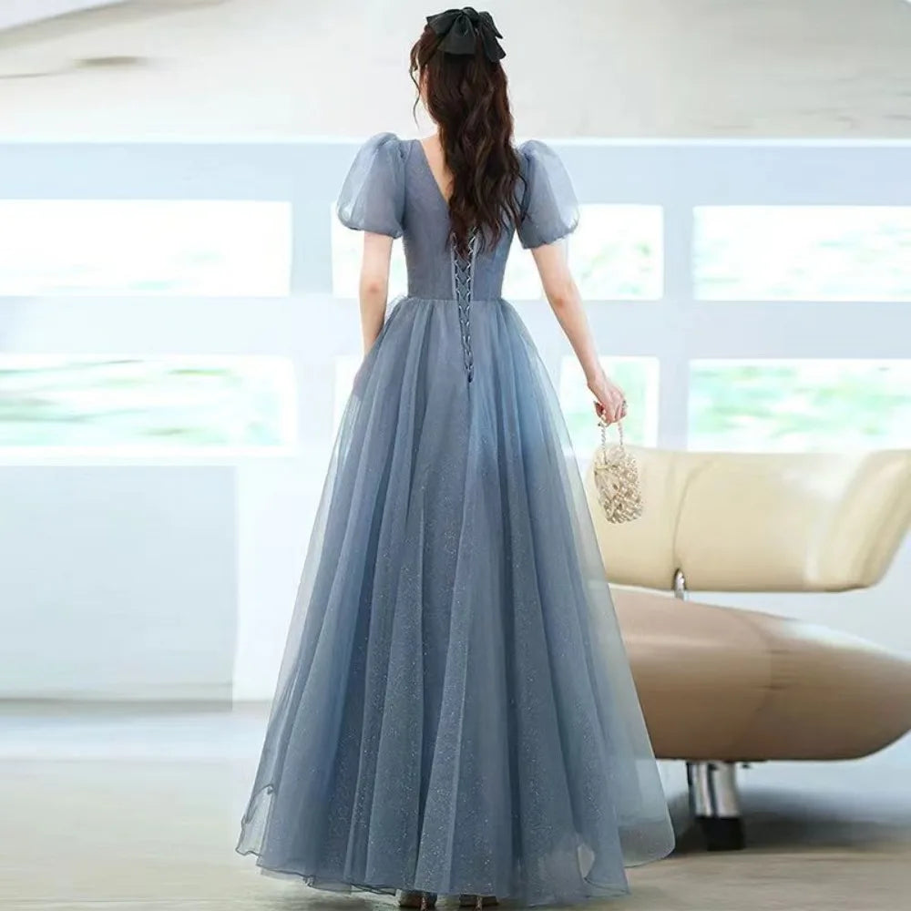 Puff Sleeve Long Prom Evening Dress for Women Mesh Party Formal Host Princess Evening Dresses Woman Elegant Glitter Party Gown